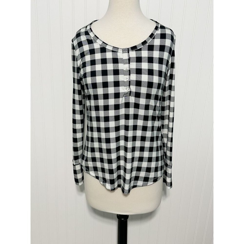 Cynthia Rowley Plaid‎ Checkered Top Long Sleeve Snaps Black White Women’s Small